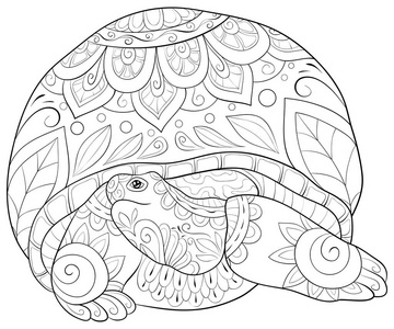 一只可爱的乌龟，带有装饰图像，用于放松活动。成人着色书页。六种艺术风格的插图。海报设计。