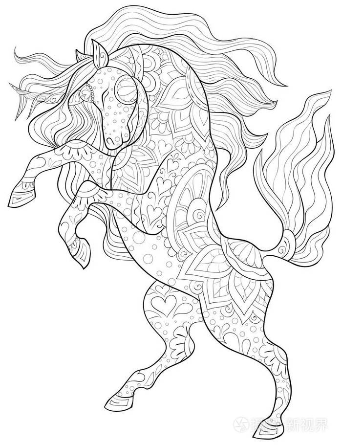 一种可爱的独角兽,带有装饰图像,用于放松活动.成人着色书页.