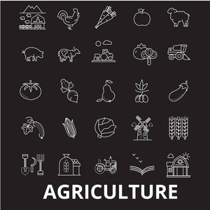 在黑色背景上设置的农业可编辑行图标向量。农业白色轮廓插图, 标志, 符号