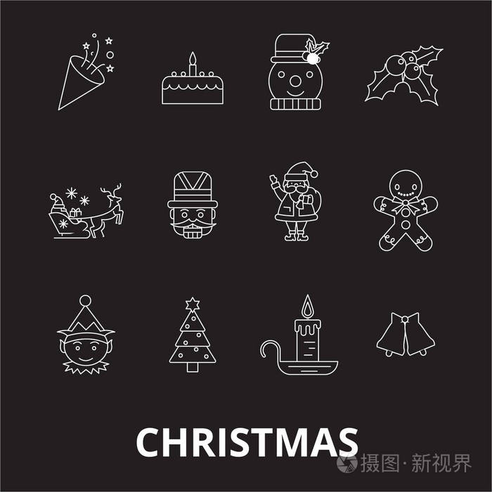 设置在黑色背景上的圣诞节可编辑行图标向量。圣诞节白色轮廓插图, 标志, 符号