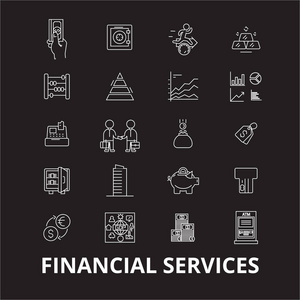 金融服务可编辑行图标向量设置在黑色背景上。金融服务白色大纲插图, 标志, 符号