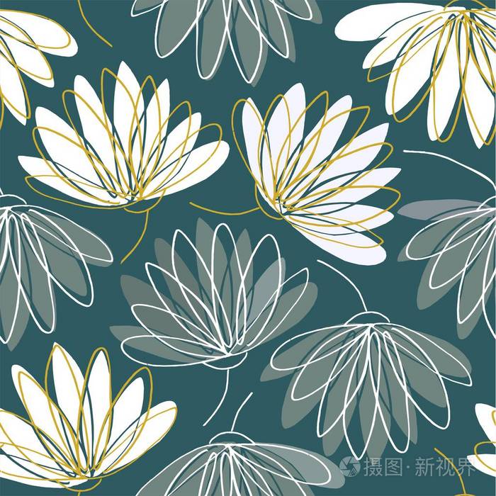 睡莲手工绘制灰色,米色和白色的无缝图案在灰色背景.