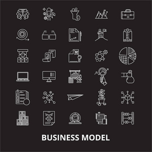 业务模型可编辑行图标向量设置在黑色背景上。商业模式白色轮廓插图, 标志, 符号