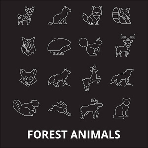 森林动物可编辑的线图标向量设置在黑色背景上。森林动物白色轮廓例证, 标志, 标志