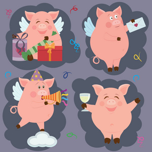 假期不同有趣的猪的插图。几乎所有的元素都可以改变