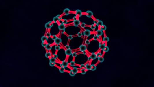 红色气球的三维插图石墨烯晶格的分子。 纳米技术生物武器病毒能量的思想。 在黑暗背景上的三维渲染。