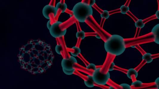 3D示例红色气球，石墨烯晶格的分子。纳米技术，生物武器，病毒，能量的理念..3D在黑暗背景上渲染。关门