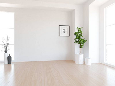 一个白色的空斯堪的纳维亚房间内部的想法，植物在木地板上。家北欧内部。3D插图插图