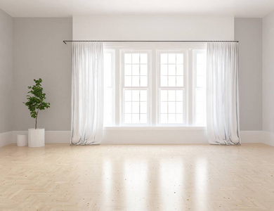 白色房间内部有窗户和植物。斯堪的纳维亚的室内设计。三维插图