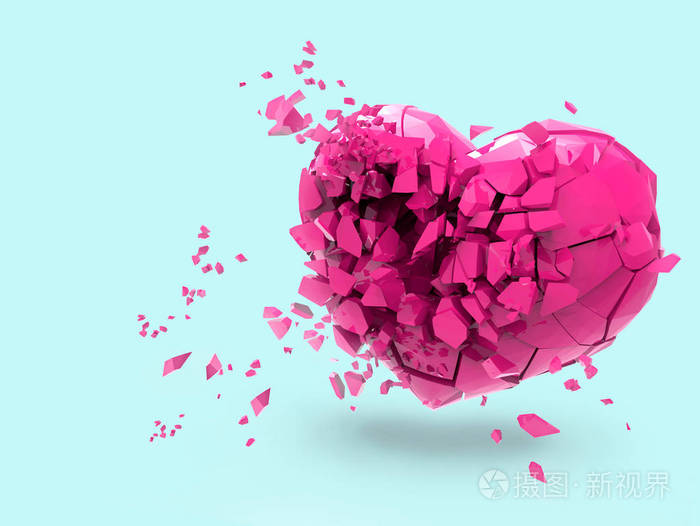 3d粉红色破碎的心脏渲染插图隔离粘贴蓝色背景与裁剪路径,用于任何