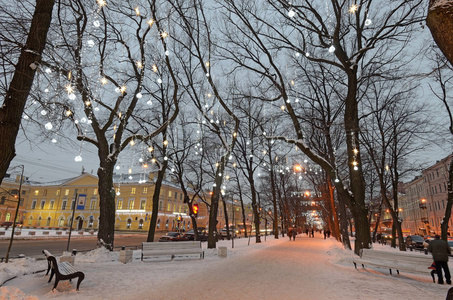 灯光照亮了树木，所以在圣诞节前装饰这个城市。