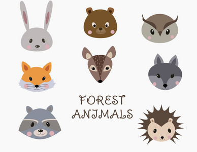 一组森林动物面对。 林地卡通动物兔子浣熊狐狸熊狼刺猬鹿。 矢量图。