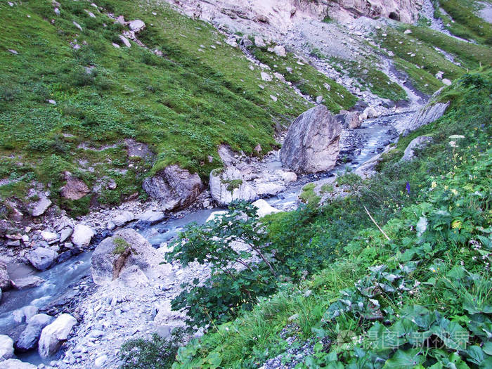 瑞士格拉鲁斯州林塔尔县上方的峡谷和溪流沙巴赫