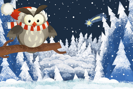 冬季场景与森林动物智慧猫头鹰与圣诞老人帽子在森林传统场景插图儿童