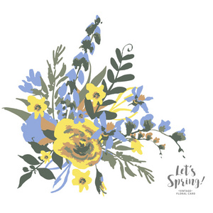 复古矢量花卉贺卡与野花天然夏季插图蓝色和黄色的花