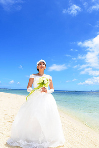 海滩上美丽的新娘。