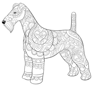 一只可爱的狗，带有装饰图像，用于放松活动。成人着色书页。六种艺术风格的插图。海报设计。