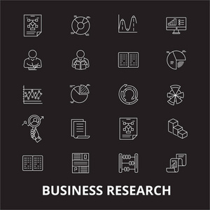 商业研究可编辑的线图标向量设置在黑色背景上。商业研究白色大纲插图, 标志, 符号