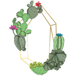 矢量绿色仙人掌花植物花。雕刻的水墨艺术。框架边框装饰正方形