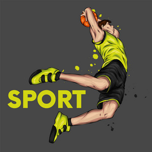 嘻哈篮球篮球运动员带着球跳. 穿短裤和t恤的男人或男人. 运动和篮球.