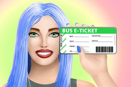概念巴士电子票电子票。 微笑可爱的女孩在明亮的背景。 数字插图