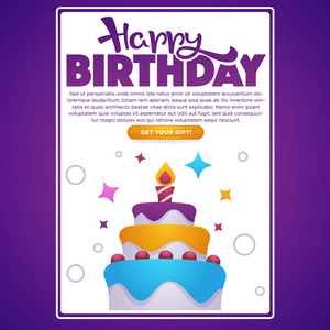 生日快乐问候屏幕为您的移动应用程序矢量背景与生日蛋糕蜡烛明星和字母组合的图像。