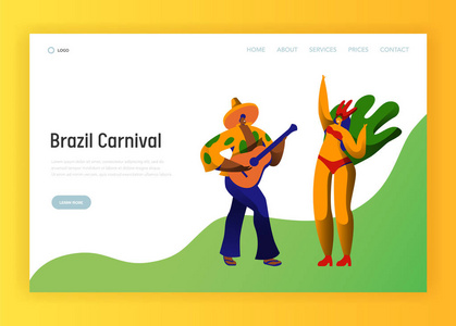 巴西狂欢节盛宴情侣角色登陆页面模板。男子女舞者在巴西化装舞会狂欢节盛宴羽毛服装概念的网站或网页。平面动画片向量例证