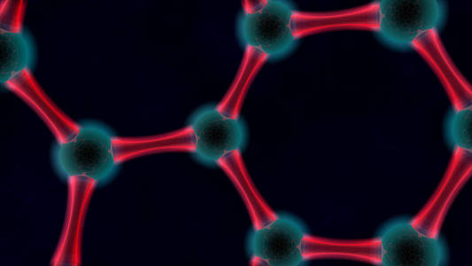 三维插图抽象背景。 石墨烯碳分子原子的图像叠加六边形。 原子周围的红色辉光。 在黑暗背景上的三维渲染。