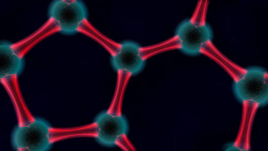 三维插图抽象背景。 石墨烯碳分子原子的图像叠加六边形。 原子周围的红色辉光。 在黑暗背景上的三维渲染。