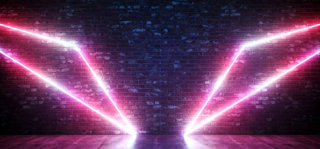 科幻霓虹翼抽象形状发光粉紫色三角形灯在格鲁吉砖墙和反射混凝土地板背景俱乐部激光三维渲染插图