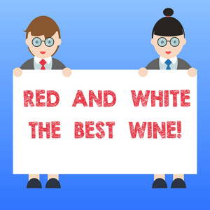写文本红色和白色最好的酒。概念意味着最好的酒精饮料酒庄品尝专家男性和女性在统一站立持有空白位置横幅文本空间