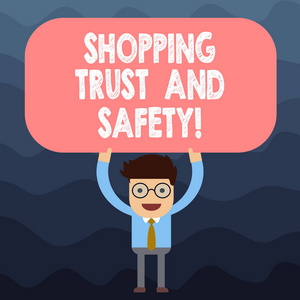 显示购物信任和安全的文字符号。在线购买服务付款的概念照片安全人站在他的头空白矩形彩色板以上