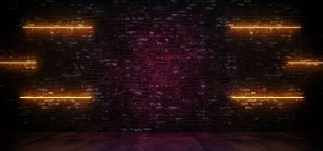 复古霓虹灯S CIFI现代未来霓虹灯发光橙色线灯在灰砖紫色发光墙混凝土反射地板暗室空3渲染插图。