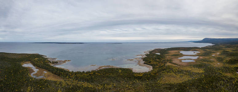多云的早晨，大西洋海岸附近一条风景优美的道路的空中全景。摄于加拿大纽芬兰。