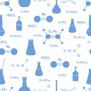 科学矢量无缝图案与烧瓶，烧杯，分子结构和公式。教育要素。化学，生物，医学..