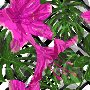 夏威夷花。无缝插图。泳装夏季设计。异国情调的棕榈绿色背景。夏威夷花和叶子