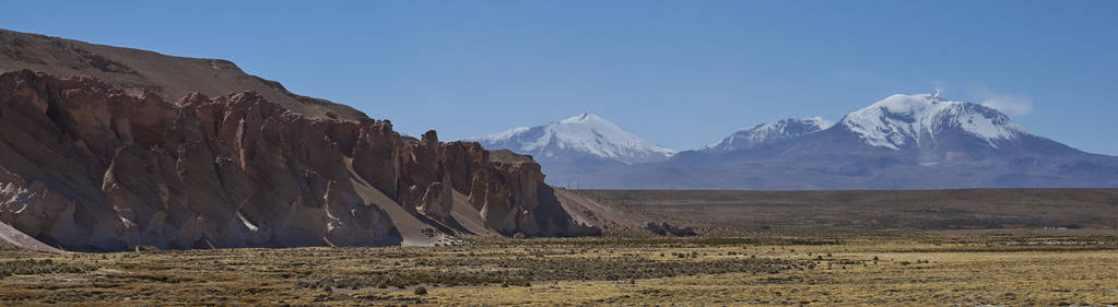 盖雪峰的瓜拉蒂里火山高耸在劳卡河流域，高在智利北部的阿尔蒂普拉诺在劳卡国家公园。