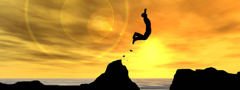 概念或概念三维插图年轻人或商人剪影从悬崖上跳，从水中跳，日落或日出天空背景横幅