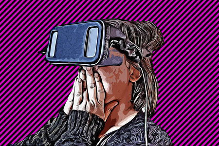 带虚拟现实眼镜的女人玩技术和娱乐