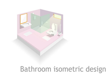 浴室等距设计矢量内部家具概念粉红色背景与白色背景矢量艺术和插图隔离。