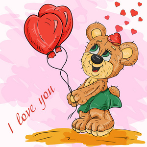 一只小熊用爪子拿着气球的矢量彩色插图，以心形的形式设计明信片和印刷