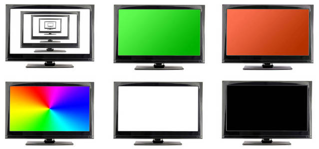 液晶电视监视器与许多屏幕隔离在白色背景。 空的空间