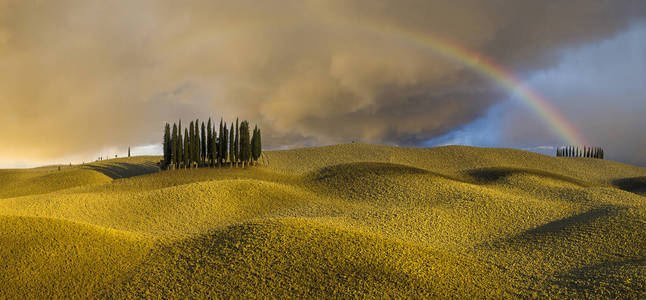 经过暴雨后，田野上出现了五彩缤纷的彩虹