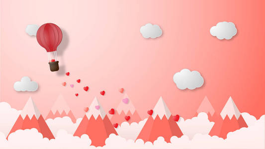 创意情人节背景矢量插图剪纸风格。热气球在粉红色的背景下飞越山脉和云层。壁纸，销售报价，网页横幅，海报，传单，传单。