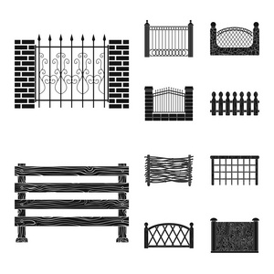 门和栅栏图标的孤立对象。一套大门和墙壁股票符号的网页。