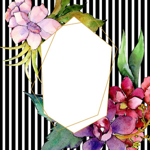 红色和紫色的花卉花花束。水彩背景插图集。框架边框装饰正方形