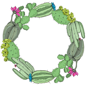 矢量绿色仙人掌花植物花。雕刻的水墨艺术。框架边框装饰正方形