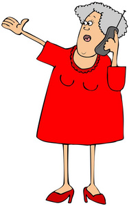 一个穿着连衣裙的老妇人在用另一只手移动时用老式手机说话。