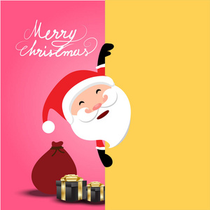 圣诞节在柔和的粉红色背景下，圣诞老人展示黄色的空单板，可以展示你的作品