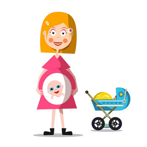 怀孕的女人带着婴儿车。 年轻的母亲与PRAM隔离在白色背景矢量插图。